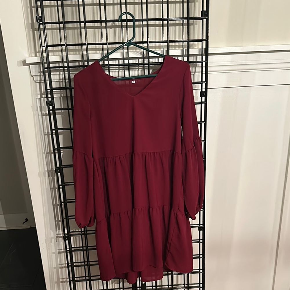 Burgundy Flowy Long Sleeve Tiered Dress